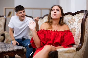 Wife and husband daughter scandal in domestic interior