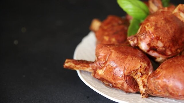 Schweinshaxe smoked meat cooked ham roulka Knuckle fresh shank delicious gourmet food background on the table rustic food top view copy space