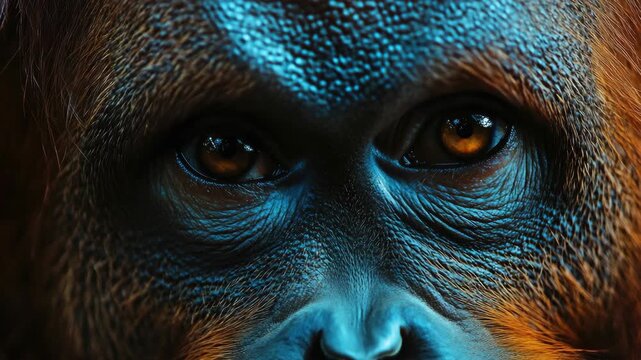 Orangutan with piercing eyes and deep wrinkles on face