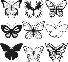 Collection of nine different black and white butterfly illustrations