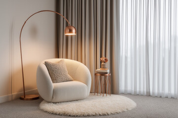 Wide-angle shot of serene minimalist reading nook with boucle armchair, plush neutral carpet, copper floor lamp, and heavy wool curtains, calm luxury ambiance