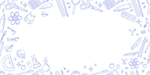Obraz premium Hand drawn science and school supplies border with doodle style lab equipment, math formulas, and stationery , perfect for educational banners, promo, worksheets, classroom posters.Vector illustration