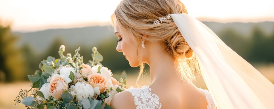 A stunning bride stands in a picturesque outdoor setting holding a lush bouquet of delicate peonies and hydrangeas against the backdrop of a serene natural landscape