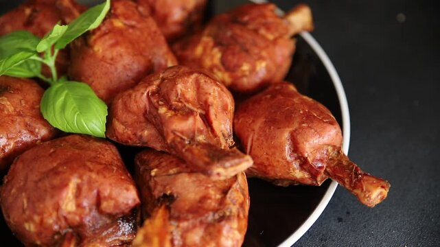 Schweinshaxe smoked meat cooked ham roulka Knuckle fresh shank delicious gourmet food background on the table rustic food top view copy space