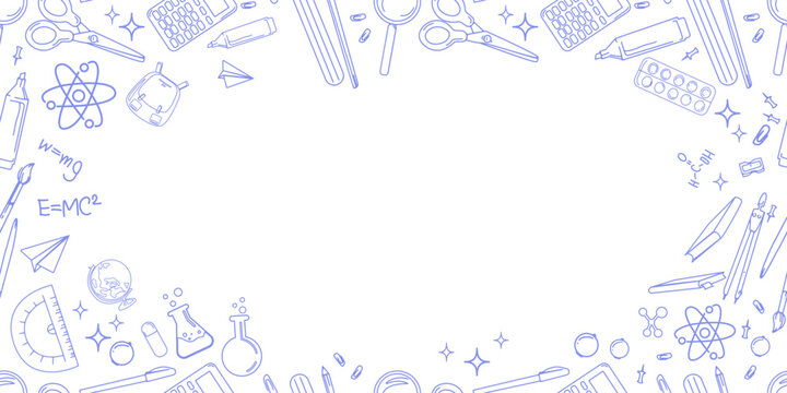Hand drawn science and school supplies border with doodle style lab equipment, math formulas, and stationery , perfect for educational banners, promo, worksheets, classroom posters.Vector illustration