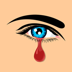 Blue-eyed woman crying. Tears of blood