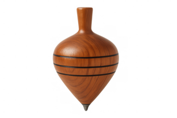 Vintage wooden spinning top with dark stripes, highlighting traditional craftsmanship against transparent background