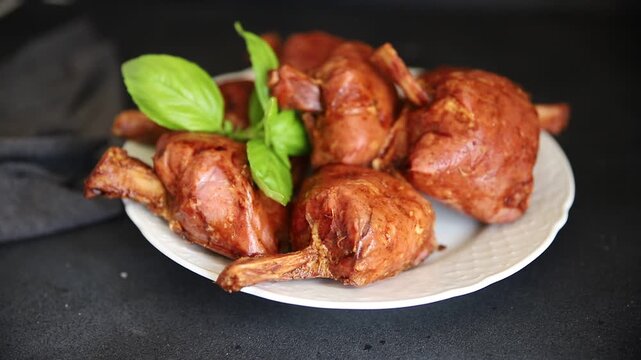 Schweinshaxe smoked meat cooked ham roulka Knuckle fresh shank delicious gourmet food background on the table rustic food top view copy space