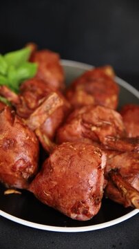 Schweinshaxe smoked meat cooked ham roulka Knuckle fresh shank delicious gourmet food background on the table rustic food top view copy space