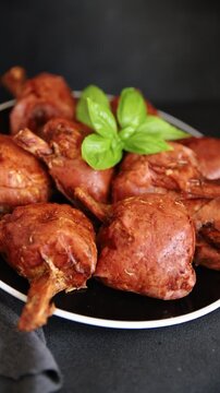 Schweinshaxe smoked meat cooked ham roulka Knuckle fresh shank delicious gourmet food background on the table rustic food top view copy space