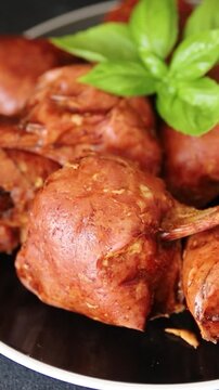 Schweinshaxe smoked meat cooked ham roulka Knuckle fresh shank delicious gourmet food background on the table rustic food top view copy space
