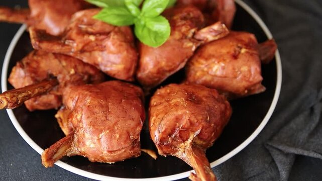 Schweinshaxe smoked meat cooked ham roulka Knuckle fresh shank delicious gourmet food background on the table rustic food top view copy space