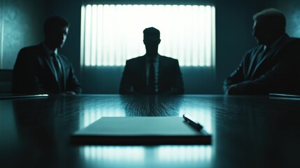 A moody, cinematic scene inside a minimalist interrogation or meeting room. Three men in dark suits are silhouetted at a table, creating a tense, mysterious, and high-stakes atmosphere