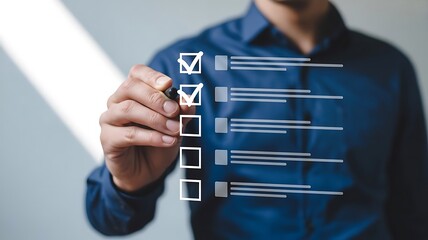 A businessman uses a pen to mark items on a virtual checklist with checkmarks