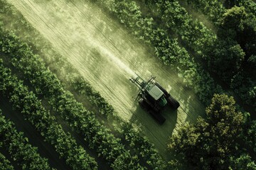 A tractor spraying feed on an open field of green crops, showcasing the agricultural practices at Heavyfoot Farm in the style of Asg, a landscape photographer.