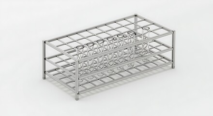 A laboratory test tube rack with multiple clear glass test tubes in a white background studio shot