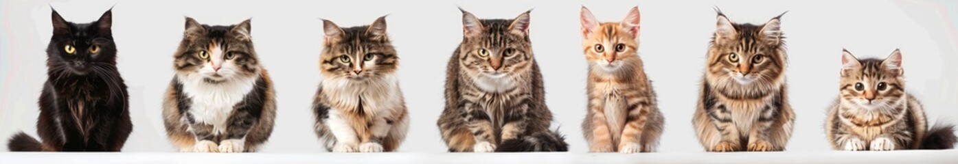 6 different cat breeds in one photo, white background, high resolution photography, stock photography