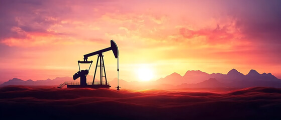 Silhouette of an oil pump at sunset, fiery sky, landscape, energy industry, pumpjack, machinery, extraction, petroleum, fuel, natural resources, rural setting
