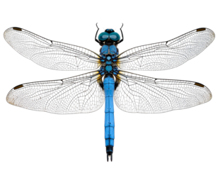 Blue Dasher Dragonfly Hovering in Diagonal Angle, Semi-Top View, Isolated