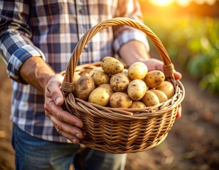 Farmer Holding Basket of Fresh Potatoes