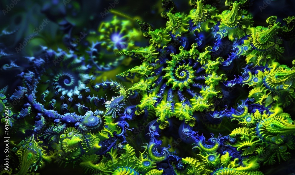 Poster intricate fractal art displaying a complex spiral pattern in green and blue