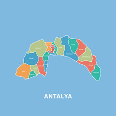 Colorful map of Antalya, Turkey with labeled administrative districts. Vector illustration isolated on blue background.