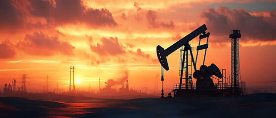 Silhouette of an oil pump at sunset, fiery sky, landscape, energy industry, pumpjack, machinery, extraction, petroleum, fuel, natural resources, rural setting
