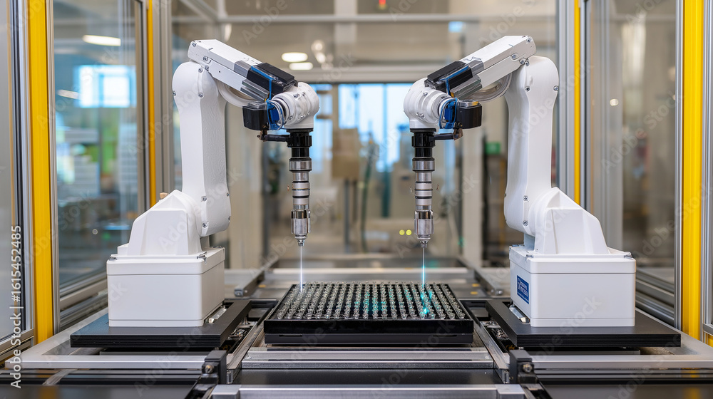 Poster twin robots performing laser welding on prismatic cell arrays