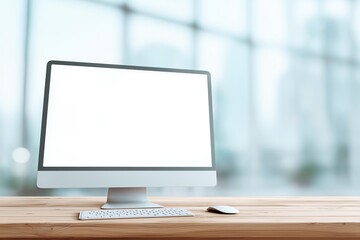 Fototapeta premium Desk with modern computer monitor and keyboard, empty screen, blurred background, office interior