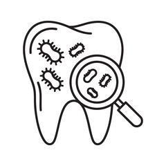 Tooth decay icon with bacteria and a magnifying glass representing dental checkup for oral hygiene and plaque analysis diagnostics line vector stroke