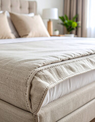 Closeup view of a cozy bedroom with stylish bed textiles and pillows creating a perfect home furniture atmosphere