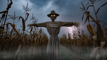 A spooky scarecrow stands guard in a cornfield under a stormy night sky, embodying the spirit of halloween