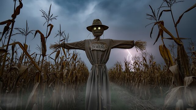 A spooky scarecrow stands guard in a cornfield under a stormy night sky, embodying the spirit of halloween