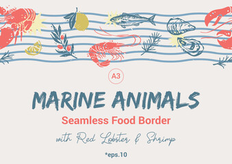 Marine Animals Repeated Borfer with Red Lobster and Shrimp. Trendy Coastal Seamless Pattern