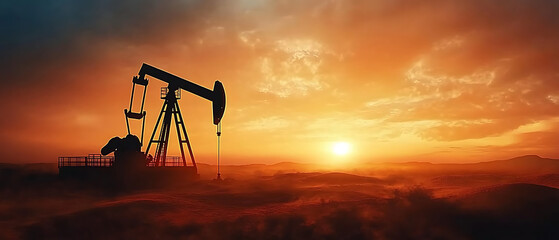 Silhouette of an oil pump at sunset, fiery sky, landscape, energy industry, pumpjack, machinery, extraction, petroleum, fuel, natural resources, rural setting
