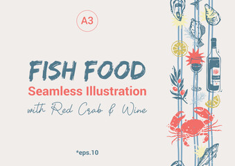 Fish Food Continuous Border with Red Crab and Wine. Trendy Mediterranean Vertical Seamless Pattern