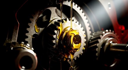 Close up of golden oil dripping onto metal gears in dark industrial setting lubrication machinery