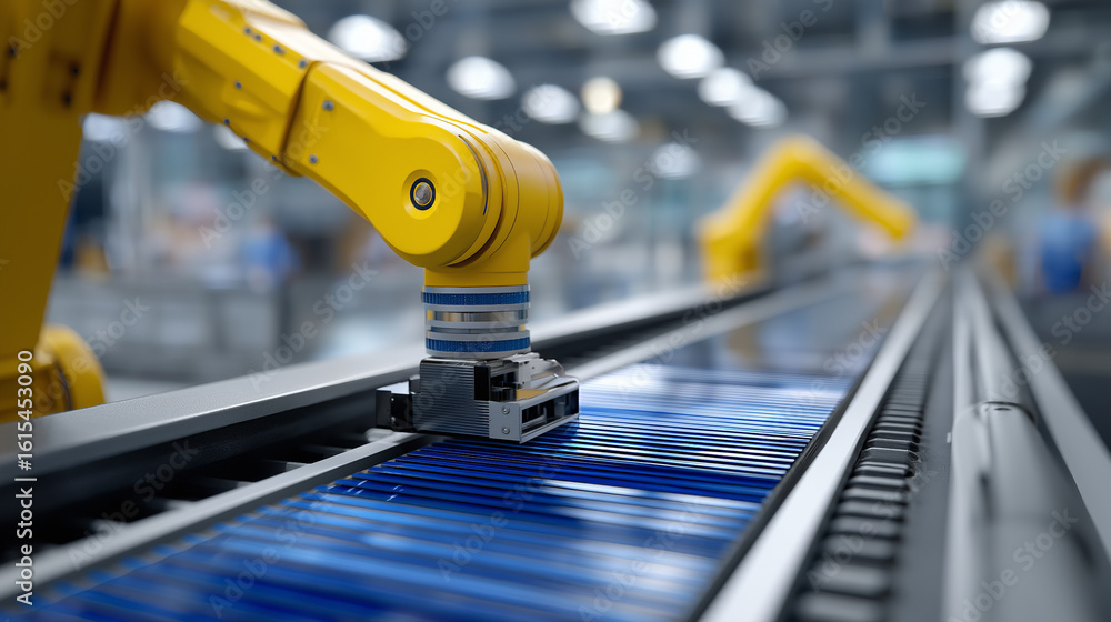 Poster automated robots stacking solar wafers on high-speed belts