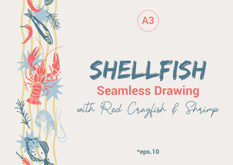 Shellfish Seamless Border with Red Crayfish and Wine. Trendy Mediterranean Vertical Pattern A3
