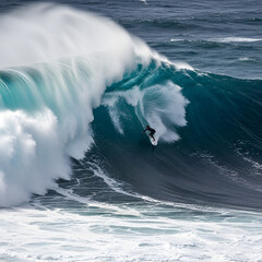 A daring surfer carves down the face of a gigantic, powerful breaking ocean wave.