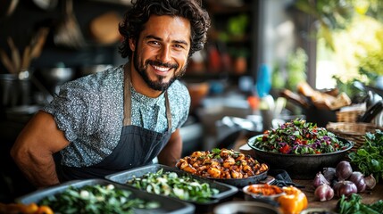 Smiling cook holding tray of food