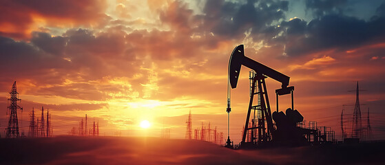 Silhouette of an oil pump at sunset, fiery sky, landscape, energy industry, pumpjack, machinery, extraction, petroleum, fuel, natural resources, rural setting

