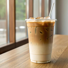 iced coffee milk in a plastic cup with straw on wooden table
