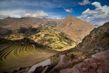 Ancient agricultural terraces and Inca ruins of Pisac town near Cusco, Andes Sacred Valley Spectacular View, Peru,