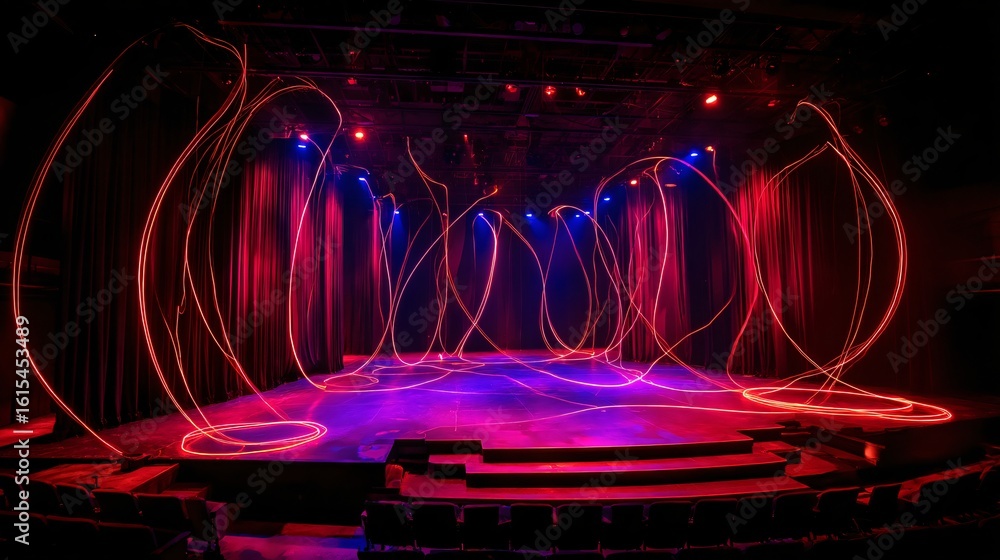 Poster an empty stage glows with swirling neon light trails, creating an ethereal and abstract performance 