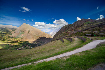Ancient agricultural Inca terraces of Pisac town near Cusco, Andes Sacred Valley, Peru
