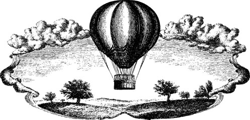 Vintage engraving of early hot air balloon over scenic landscape