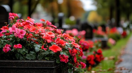Vibrant flowers on tombstones in cemetery