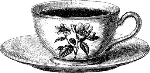Vintage hand drawn engraving of floral coffee cup and saucer design for retro decor