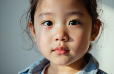 Close-up of a young girl with dark hair and expressive eyes looking directly at the camera